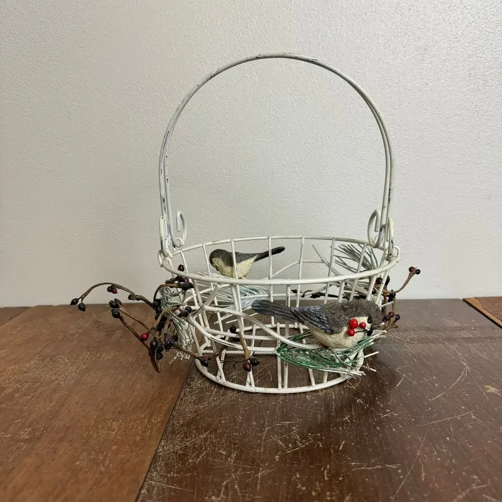 Metal‎ Wire basket with greenery bird Christmas holiday winter decor